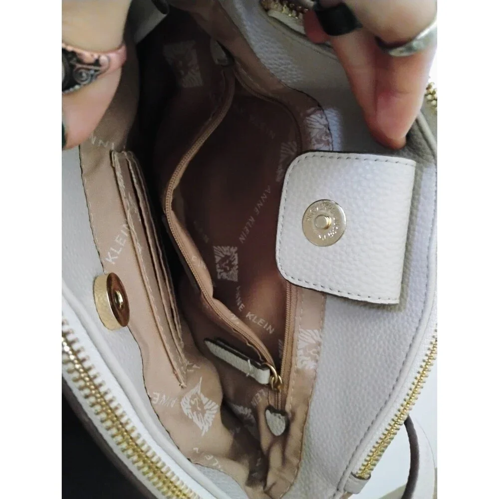 Anne Klein Tile Lion Logo Crossbody Bag Dome Triple Compartment Purse Cream Tan